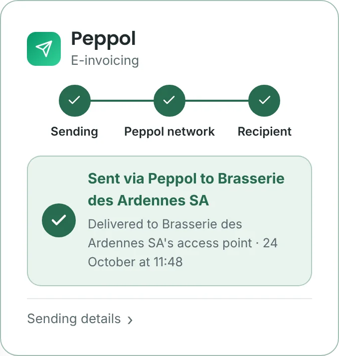 A sent invoice, with its Peppol tracking